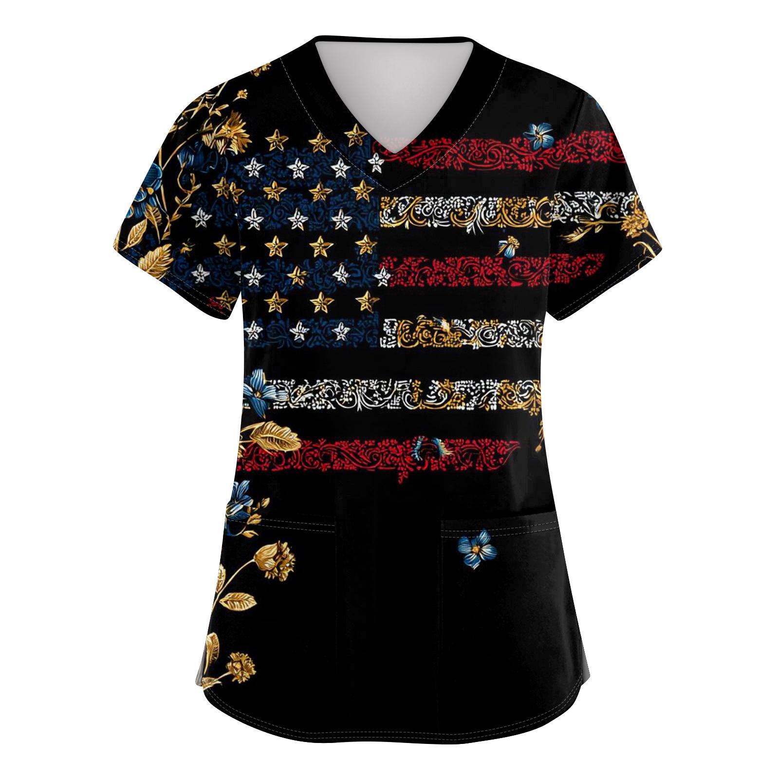 

Женская защитная рабочая рубашка с V-образным вырезом, короткими рукавами, карманом, боковым разрезом и принтом ко Дню Независимости L чёрный