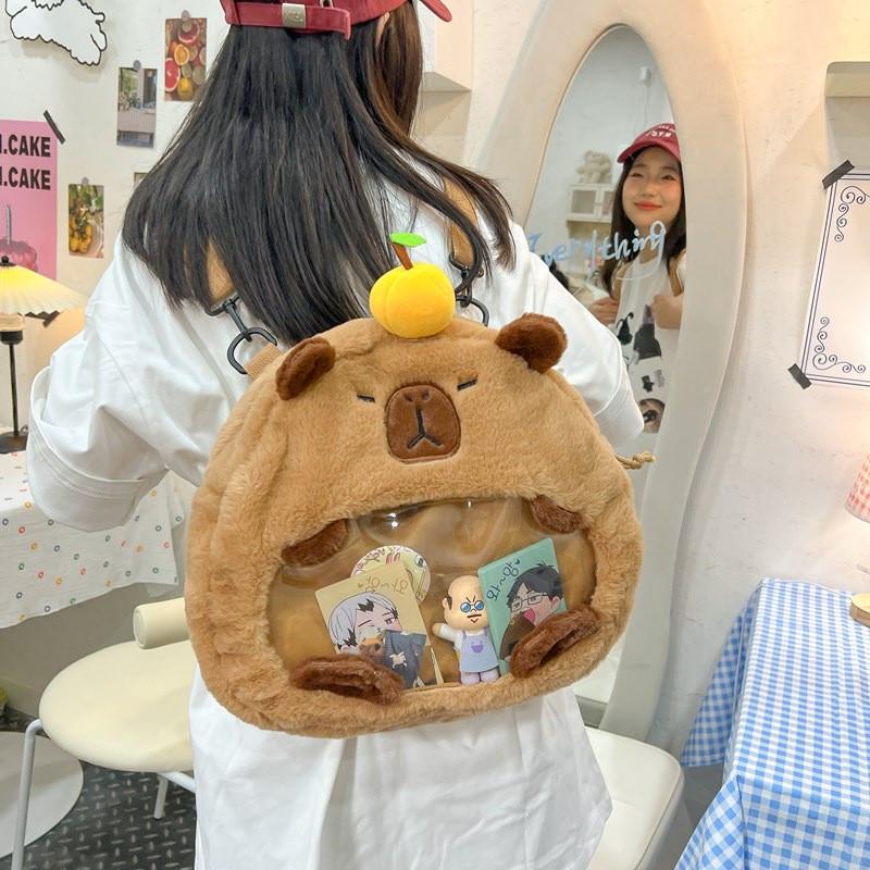 Cute Cartoon Capybara With Transparent Layer Can Hold Badge Backpack Plush