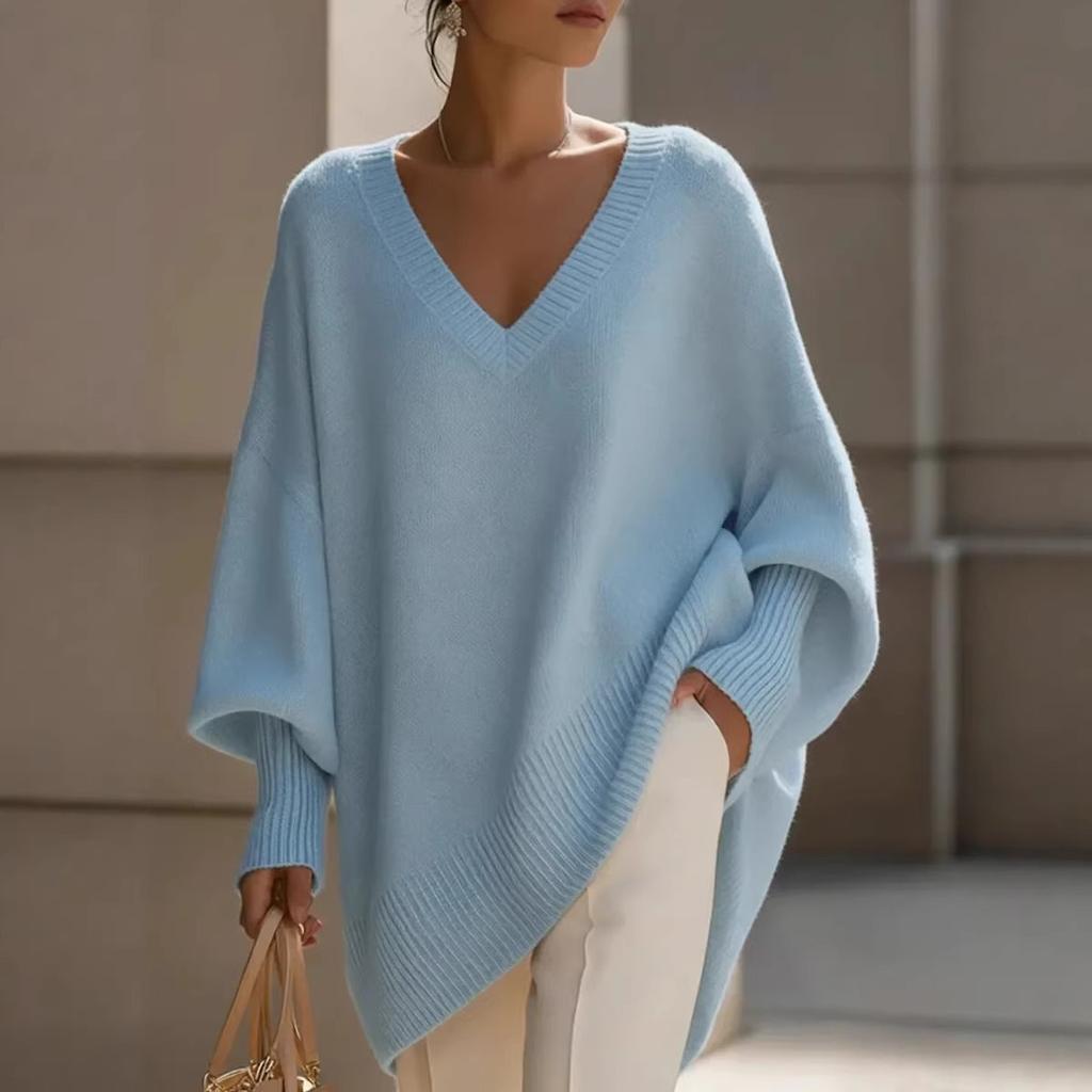 Women's V Neck Long Sleeve Knit Top Loose Fit Casual Mid Length Sweater Solid Cashmere Blend Jumper
