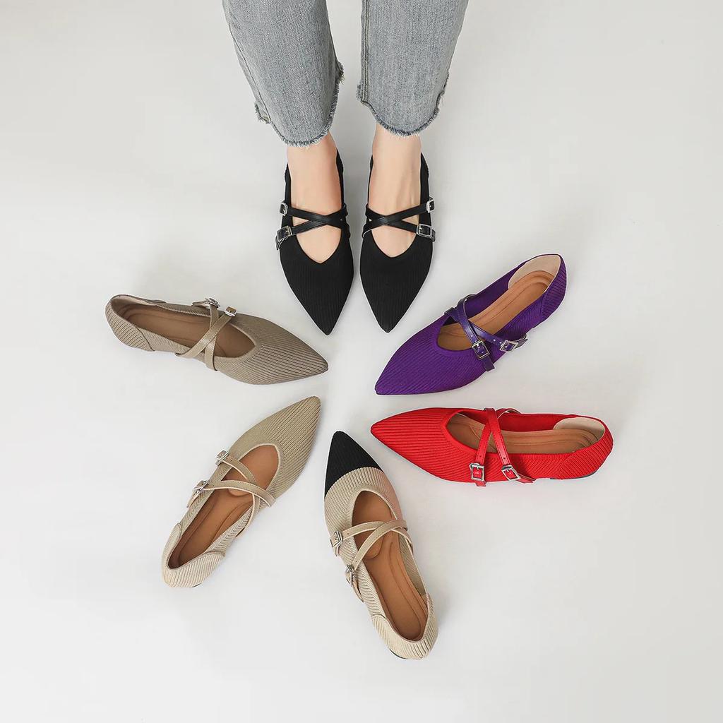 Women Mary Jane Shoes Pointed Toe 2025 Spring Shallow Cross Strap Women Dress Shoes Breathable Knitted Mid-heel Shoes Ladies