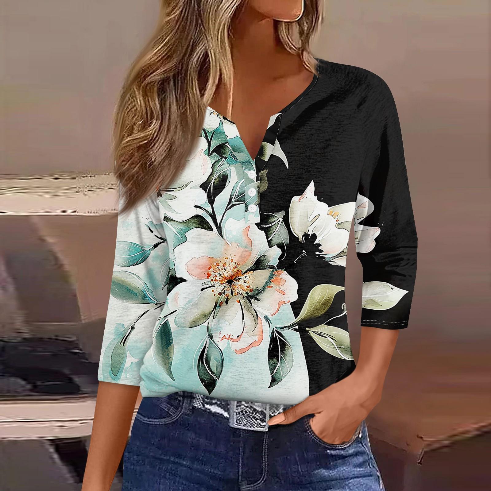 

Жен. Футболка Футболка С принтом Пуговицы Рукав 3/4Ежедневно Выходные Мода Классический Топ с v-образным вырезом Обычный XXXL светло-розовый