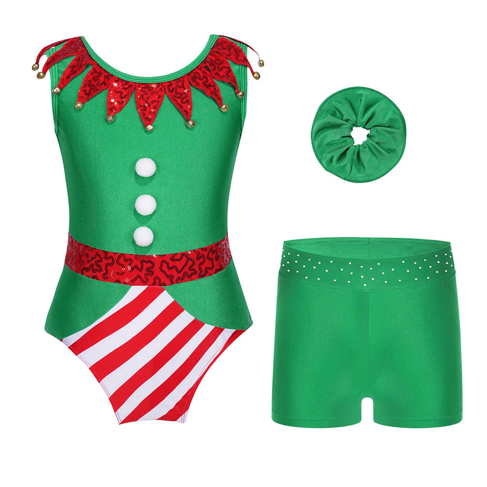 

Дівчачий Різдвяний Костюм Без рукавів Дзвіночки Помпон Паєтками Прикрашений Комбінезон Боді Пов язка на голову Стрази Пояс Шорти Набір 5-6 Years зелений