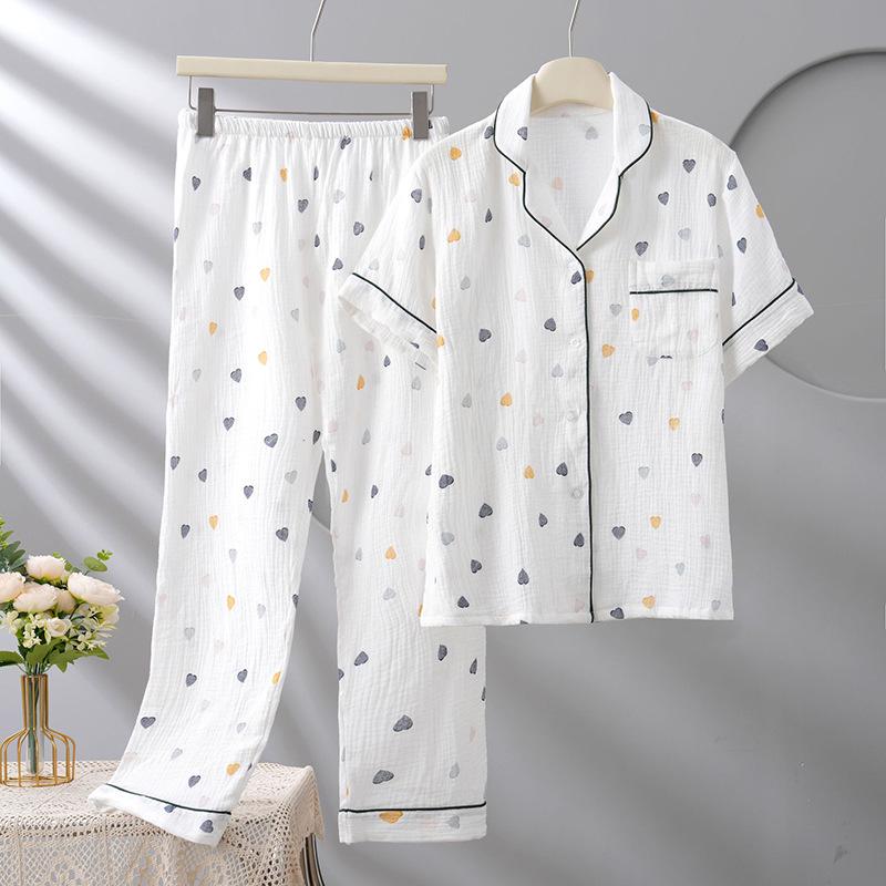 

2025 Женский Роскошный Осенний Пижамный Комплект: Двухслойная хлопковая марля, короткий рукав и длинные брюки XXL (70-80kg)