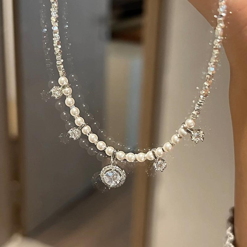 

Ожерелье с бахромой из жемчуга и серебра с цирконием, женское, французское, ретро, легкое, роскошное, элегантное, простое, универсальное, на шею, на ключицу