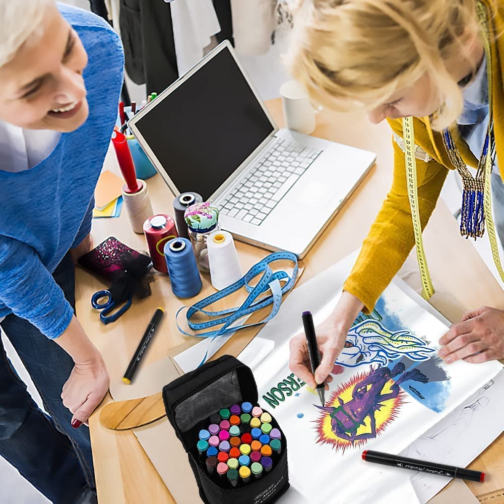 Shuttle Art Fabric Pen Twin Type 40 Color Set Pen for Writing On Fabric Fabric Marker Stencil and Carrying Case Included Water Resistant Durable