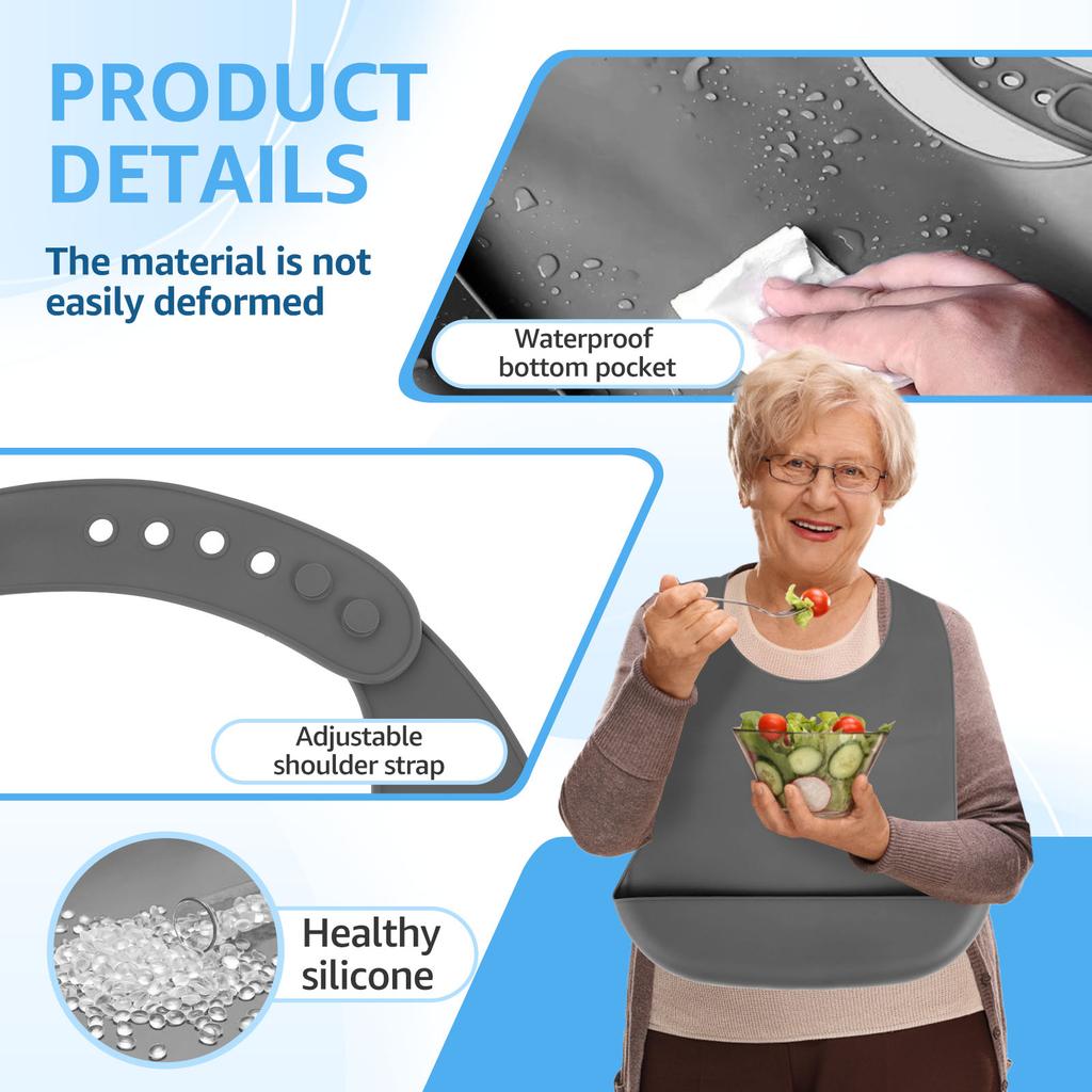 4 Stück Silikon Erwachsenen Lätzchen Verstellbare Wasserdichte Erwachsenen Fütterungslätzchen mit Krümelfänger Kleidungsschützer für ältere Frauen Männer