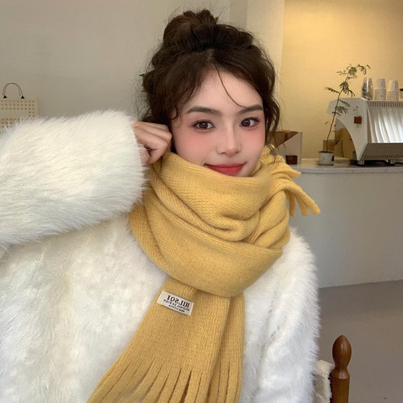 Solid Color Tassel Soft Waxy Plush Scarf for Women Autumn and Winter Plus Velvet Thickening Korean Style Versatile Couple Student Warm Scarf