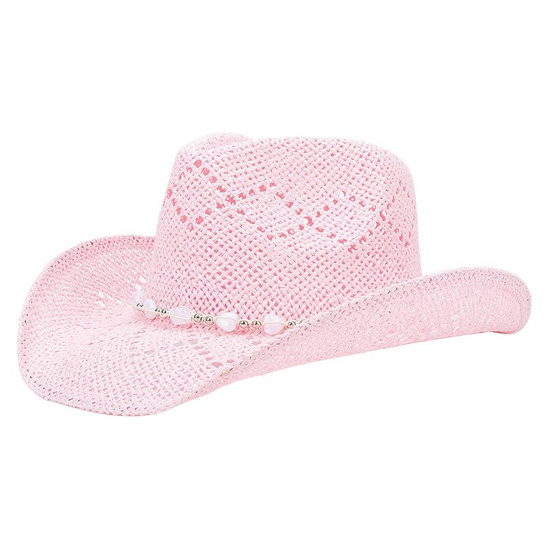 Women Cowboy Hat Unisex Hollow Out Summer Solid Color Curled Edge Strap Jazz Hat Decorative Vintage Braided Lafite Straw Hat