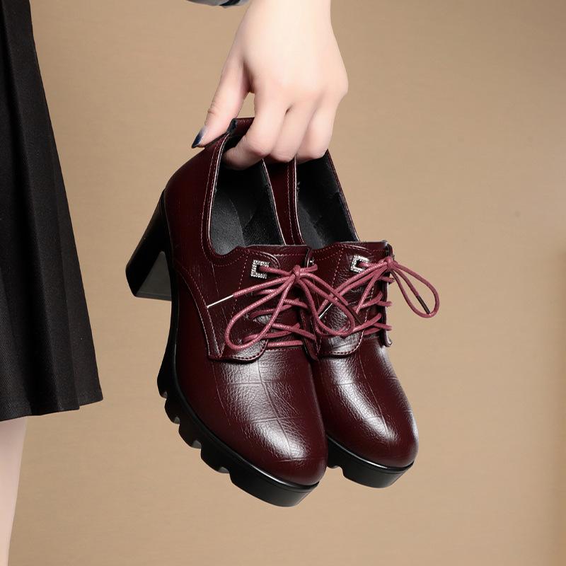Mote Britisk Stil Mykt Skinnsko Dame Chunky Platform Pumps 2024 Vårblokk Høye Hæler Oxfords For Kontor Modell Mote