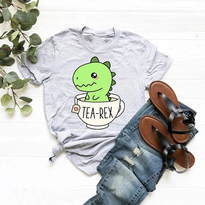 Cute Tea-Rex T-Shirt Women Funny Cartoon Dinosaur T Shirt Female Cotton Short Sleeve Kawaii Clothes Dino Tea Graphic Tee Shirt