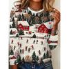 Non-realistic Christmas Snow Hut Skating Pattern Imitation All-print Round Neck Long-sleeved T-shirt