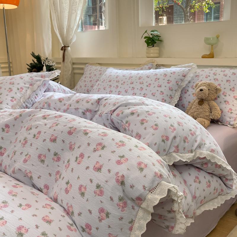 INS Korean Style Bedding Sets 2025 New Cotton Wrinkled Double-Layer Yarn Lace Bedding Sets Plaid Christmas Decor Gift Home Decor