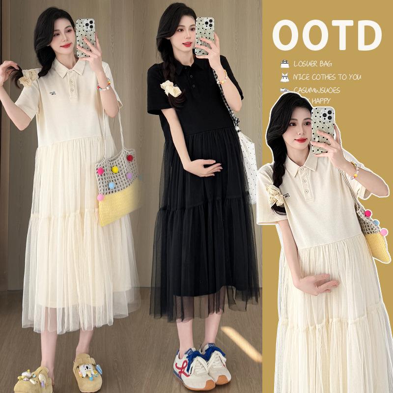 2026 Korean Style Summer Mesh Patchwork Maternity Dress