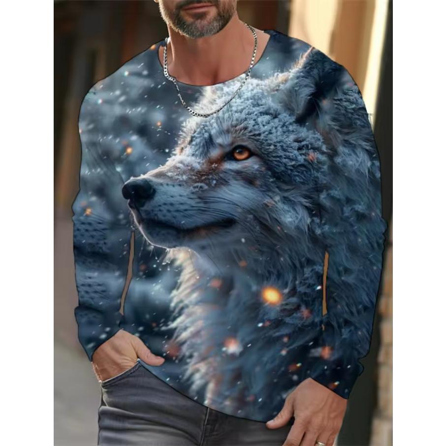 Men's Summer Long Sleeve 3d Printed Wolf Print T-Shirt Tops Men Streetwear Clothing Round Neck Graphic Long Sleeve T-Shirt