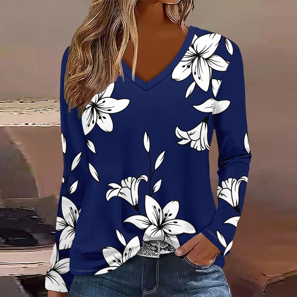 Europäische und amerikanische Mode 2025 Damen Elegantes V-Ausschnitt Langarm T-Shirt