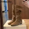 Autumn Winter Women Western Cowboy Boots Fashion Soft Pleated Shoes Female Concise Internal Elevation Long Booties