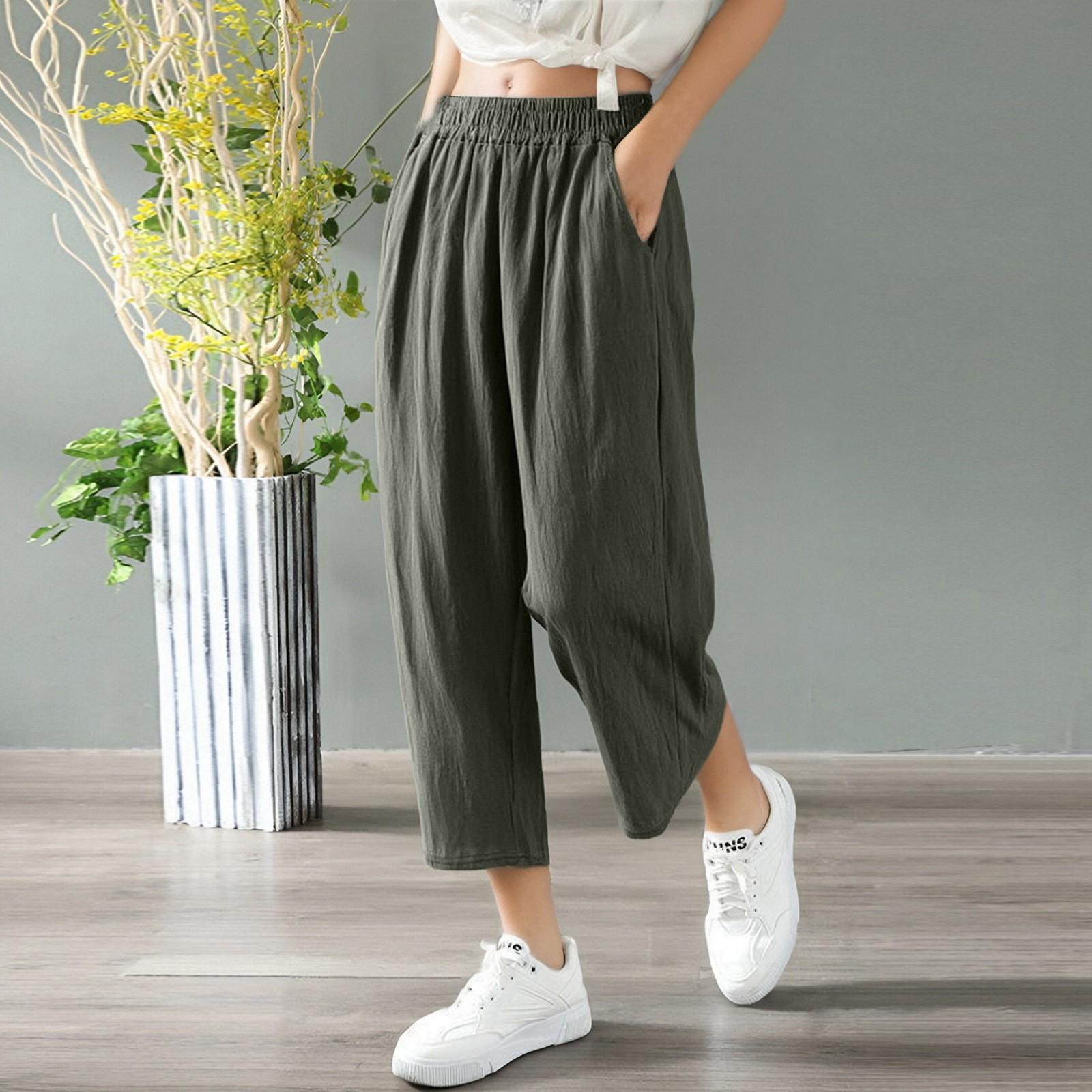 

Женские повседневные укороченные брюки из хлопка и конопли с высокой талией и карманом L