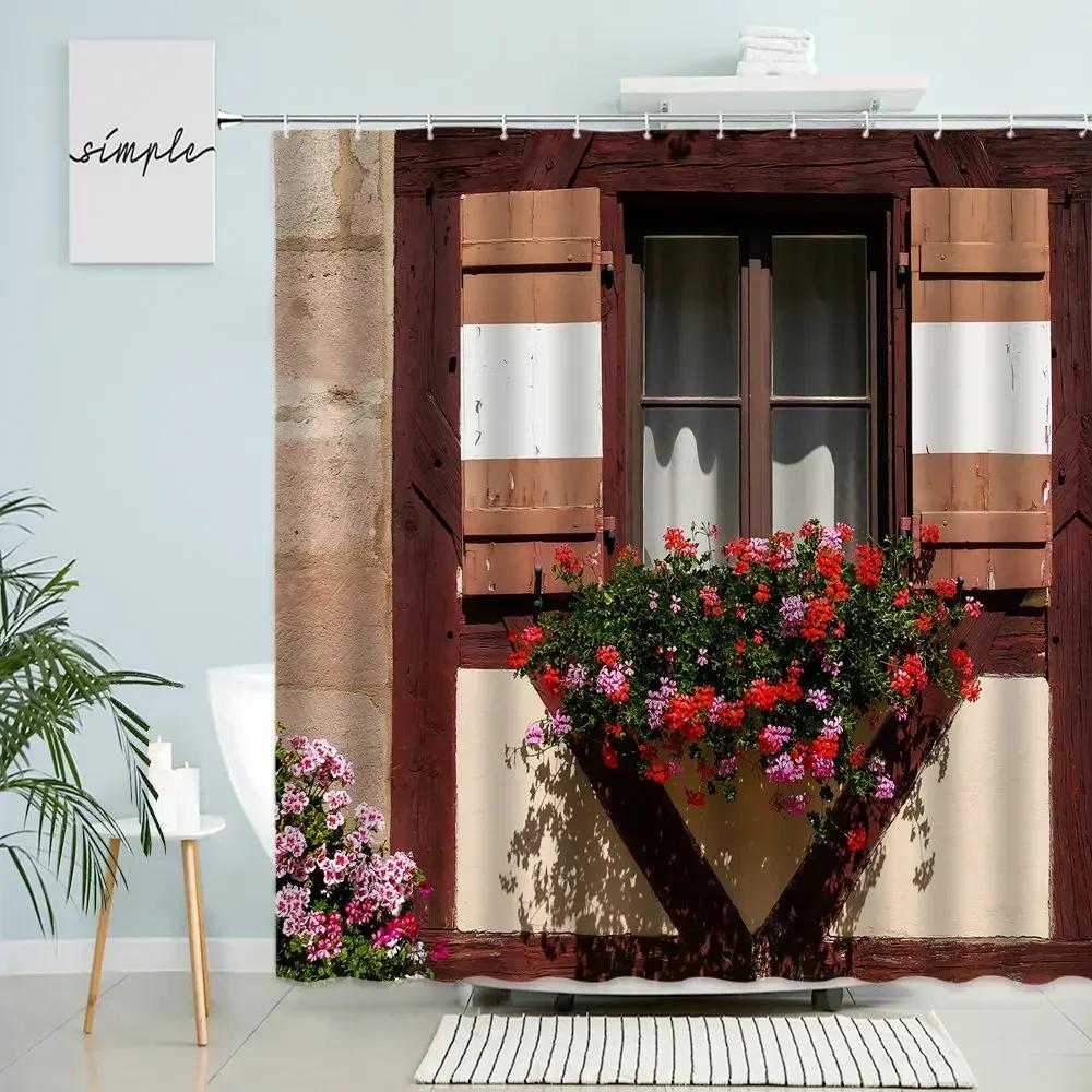 Retro Flowers Window Brick Wall Shower Curtain Natural Scenery Green Plants Country Town Scenery Home Bathroom Screen Home Decor