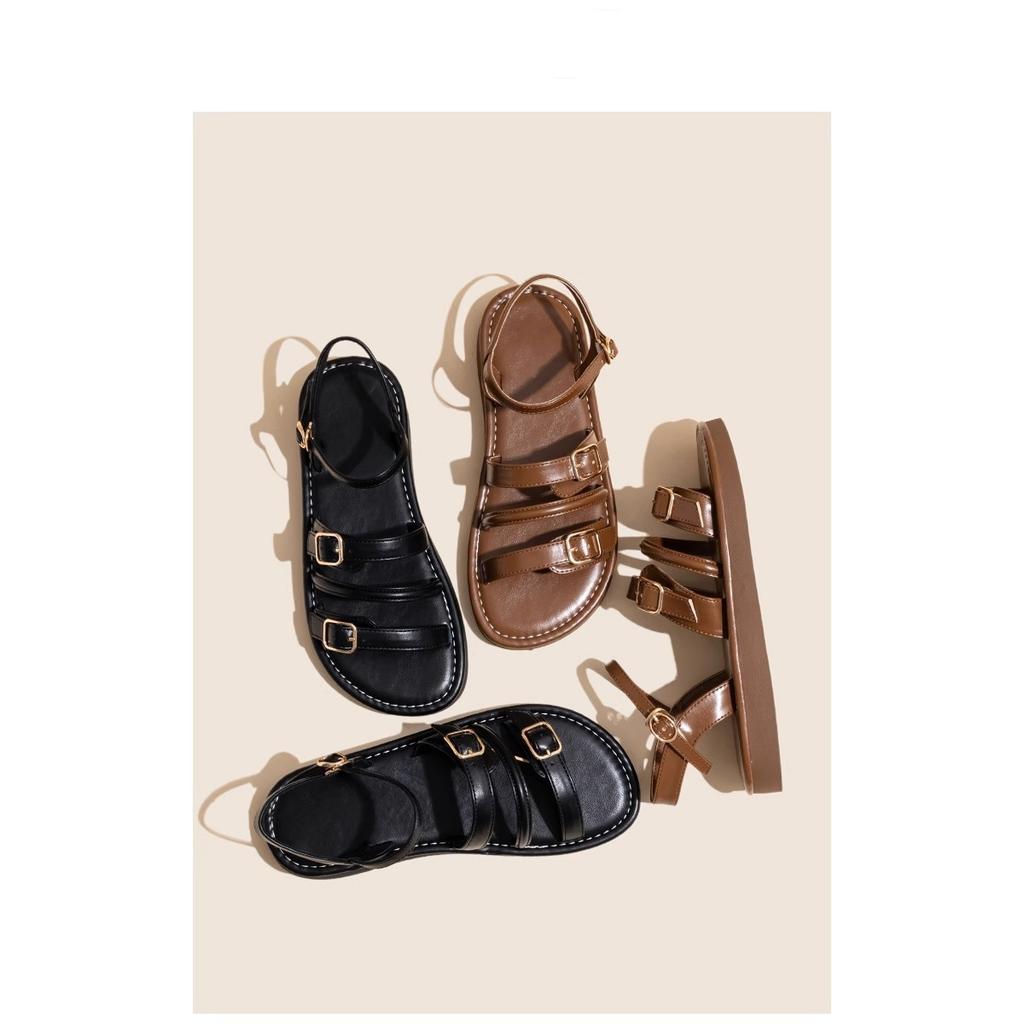 Flat-soled Sandals Women's 2025 New Summer Outer Wear Belt Buckle One-word Open-toed Roman Shoes Soft-soled Fashion Beach Shoes