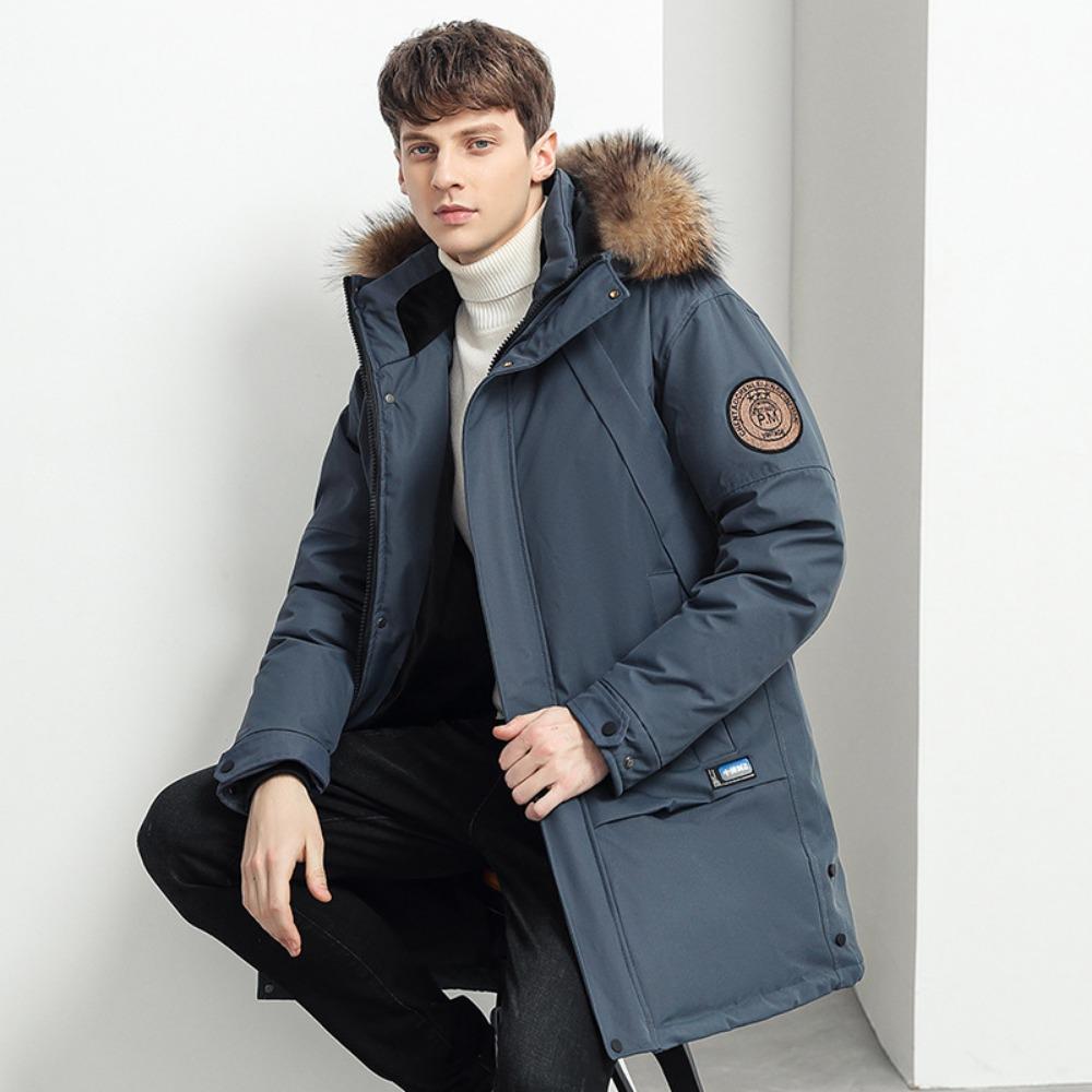 Large fur collar men's down jacket, winter medium and long version tooling large pocket casual loose thickened jacket