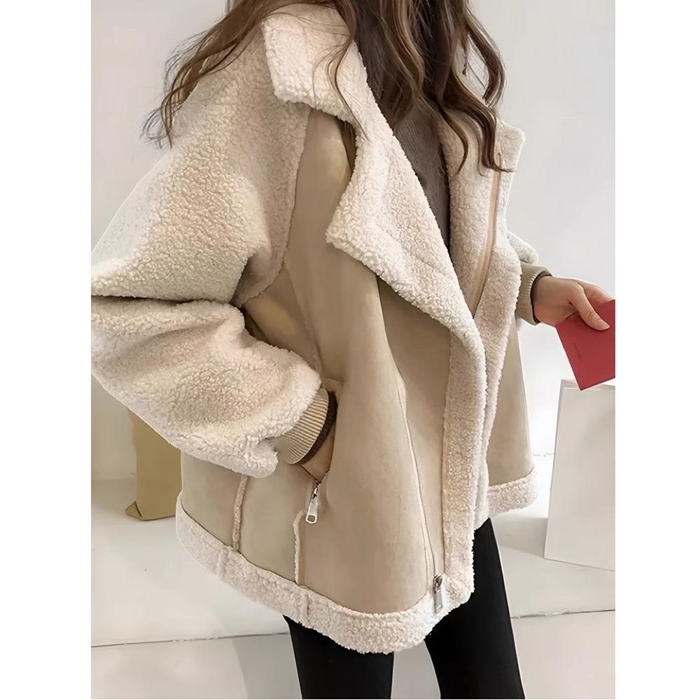 Women's Motorcycle Jacket - Faux Lamb Wool, Autumn/Winter, Particle Velvet, Thickened Leather & Fur Blend, Small Size.