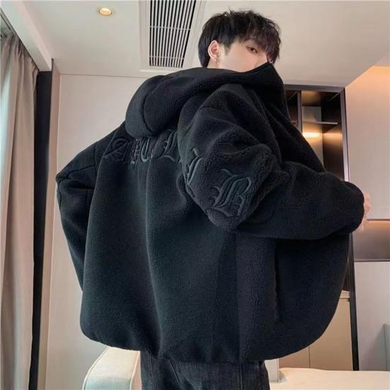 Men Jacket Coat Hooded Long Sleeve Embroidery Letter Print Solid Color Coat Zipper Placket Thick Fleece Warm Winter Outwear