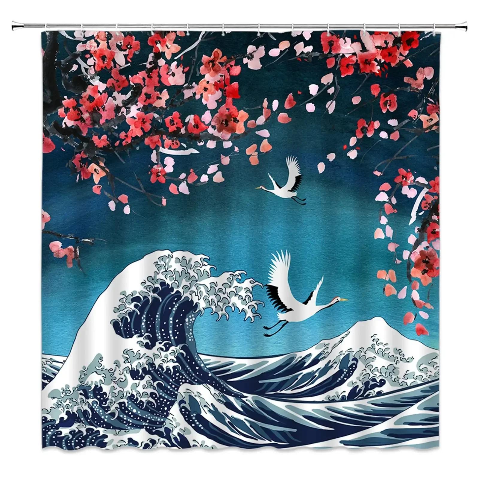 

Азиатская шторка для душа Традиционные китайские сосны и летящий журавль Пейзажное искусство Водонепроницаемые шторки для душа для ванной комнаты, крючки 90x180cm-35x70in
