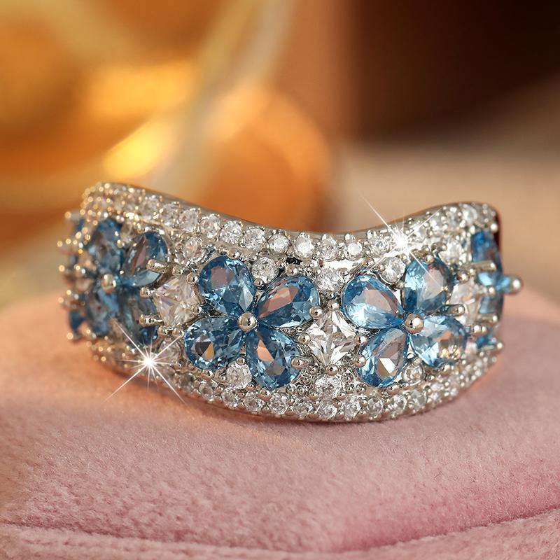 Luxury Inlaid Sea Blue White CZ Flower Women's Ring Trendy CopperColor Geometry Daily Wear Party Jewelry Anniversary Gift
