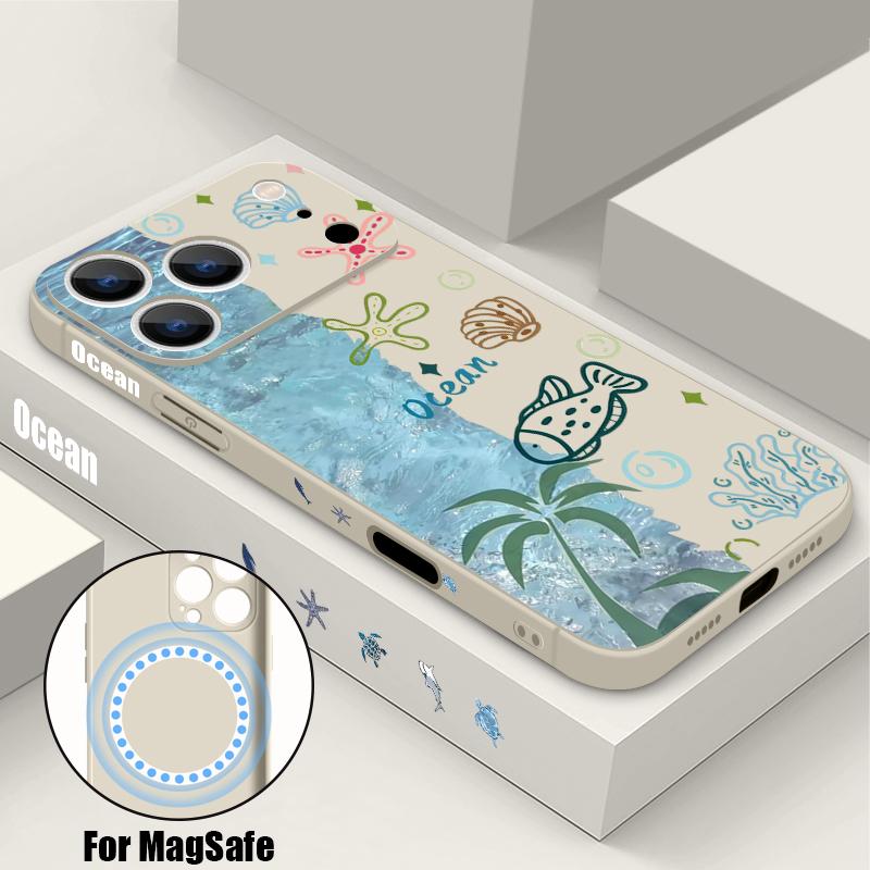 Contrast Color Cartoon Fish Conch Pattern Case For iPhone 16 Pro Max Magnetic For Magsafe Soft Cover For iPhone 17 15 14 13 Pro Max 17E 16E