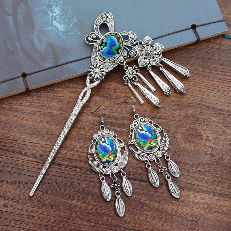 Vintage embroidery earrings hairpin classical temperament Miao peacock flower fringed earrings hair accessories set women
