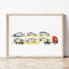 Retro Žluté Auto Nákladní Auto Bagr Buldozer Transporter Akvarelový Umělecký Plakát Obrazy na Plátně Nástěnné Umělecké Obrázky Domácí Dekorace