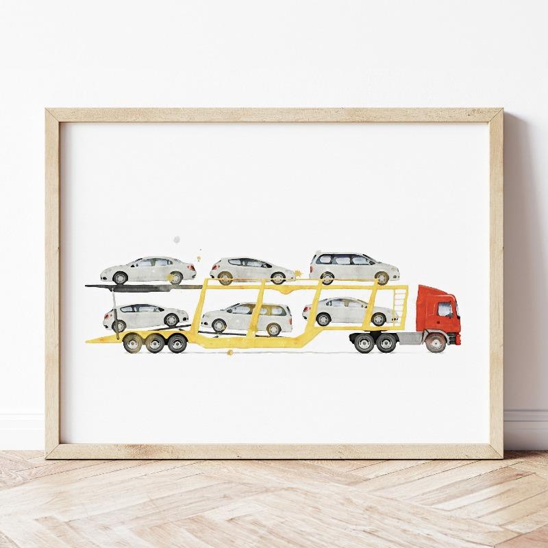 Retro Žluté Auto Nákladní Auto Bagr Buldozer Transporter Akvarelový Umělecký Plakát Obrazy na Plátně Nástěnné Umělecké Obrázky Domácí Dekorace