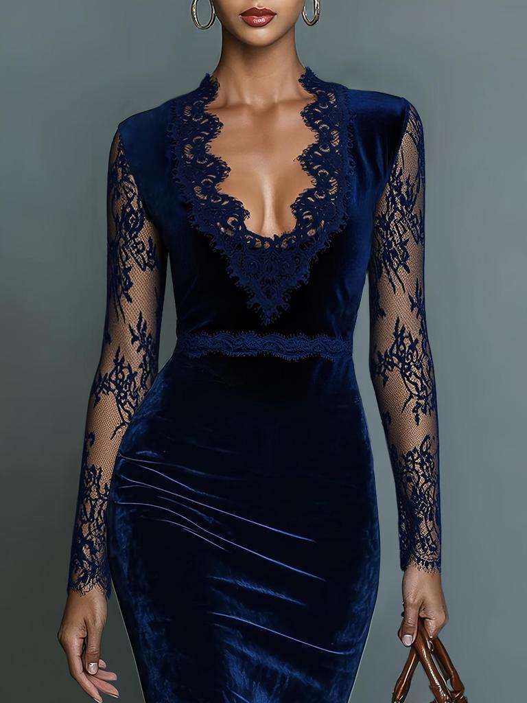 Retro Lace Velvet Deep V-Neck Long Sleeve Dress with Waist-Cinching and Hip-Hugging Skirt