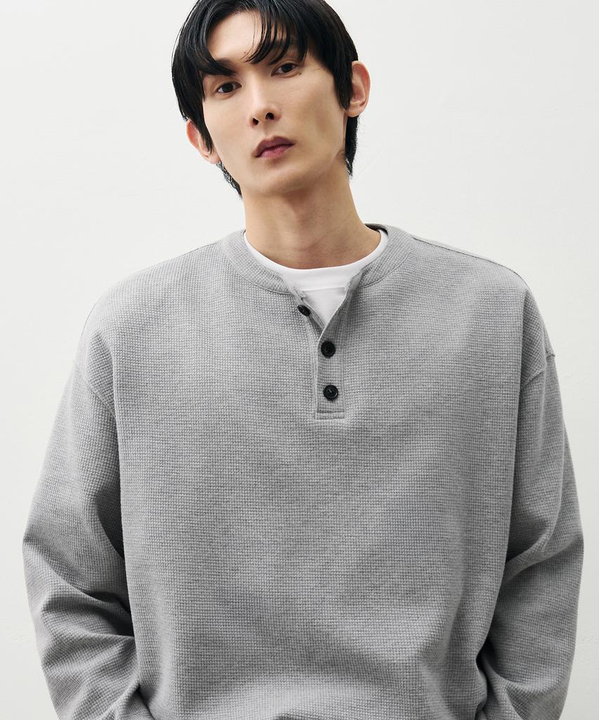 DRAW FIT Cotton Waffle Henley Neck T-Shirt [Melange]