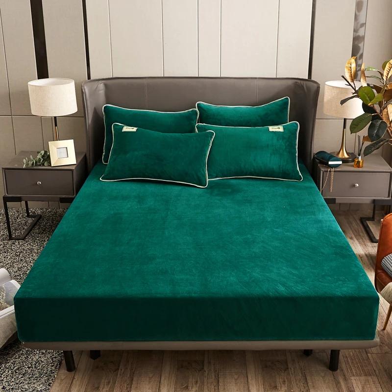 Winter Plush Fitted Sheet Elastic Double Bed Sheet Warm Bedspread Solid Color Mattress Cover Bed Linen Protector (No Pillowcase)
