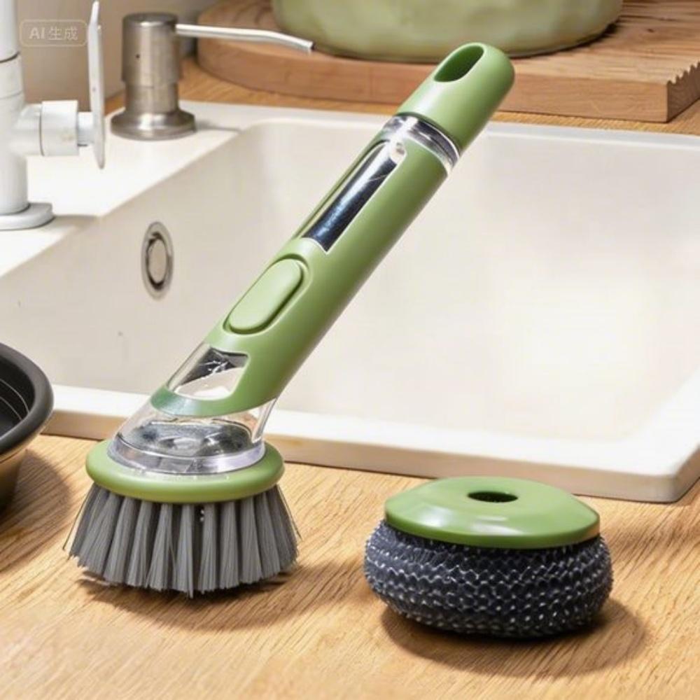 2 In 1 Press Type Automatic Liquid Outlet Cleaning Brush With Replaceable Head For Kitchen Cleaning Pots Pans Soap Dispenser