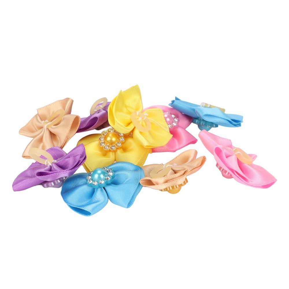 20pcs Soft Fabric Dog Hair Bows Assorted Colors Small Size Puppy Hair Rubber Bands Elastic Rubber Band Bow Knot Shape