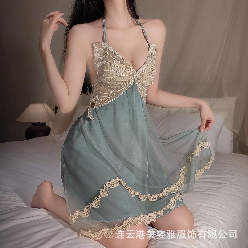 New Sexy Pajamas Transparent Mesh Ice Silk Nightdress with Chest Pad Pure Desire Style Bow Lace Set Abstinence