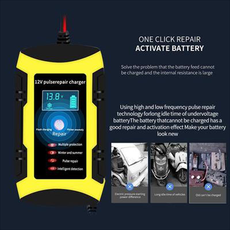 12V 6A Vollautomatisches Autobatterieladegerät 110V bis 220V Schnelles Power-Puls-Reparaturladen für Nass-Trocken-Bleisäure mit digitalem LCD-Display