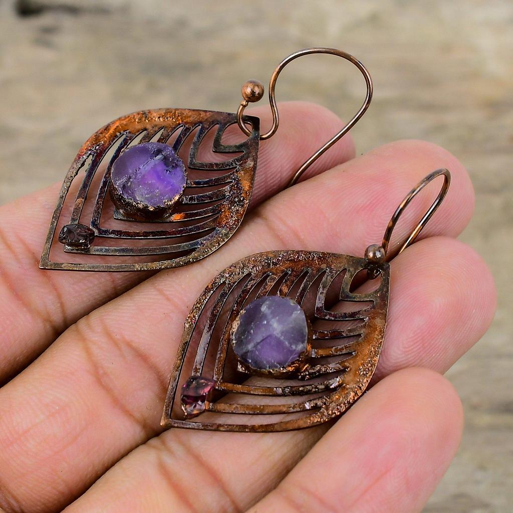 African Amethyst Rough Earring Pink Tourmaline Rough Earring Electroformed Copper Earrings Handmade Gemstone Jewelry Unique Earring For Gift