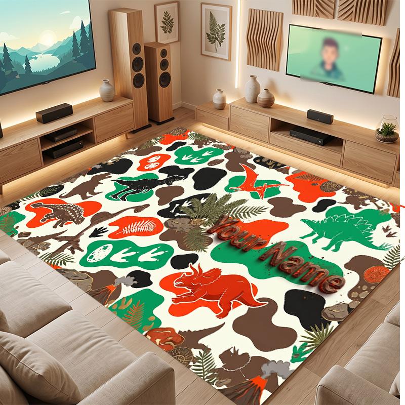 Dinosaur Theme Soft Crystal Velvet Rug Custom Name & Text Print Non Slip Floor Rug for Bedroom Living Room