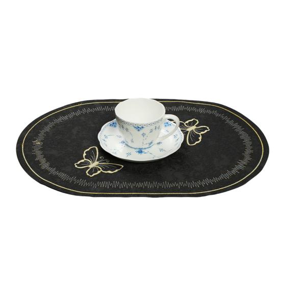 Linen Placemat Embroidery Butterflies Pattern Oval Heat-Resistant Stain-resistant Placemat Dining Accessories