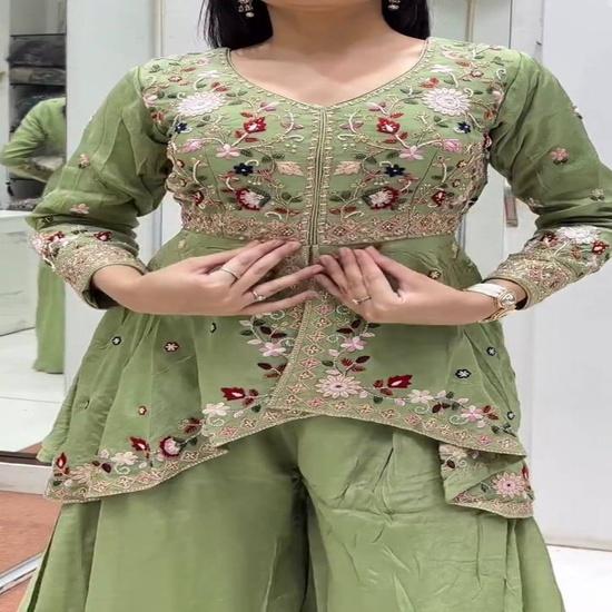 Vibrant Flora Embroidered Peplum & Sharara Suit Set