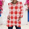 Women Plus Size Round Neck Long Sleeve Plaid Print T Shirt Loose Longline With Pockets