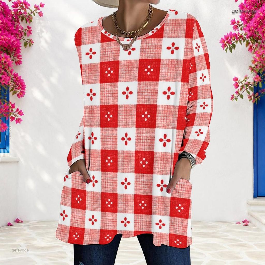Women Plus Size Round Neck Long Sleeve Plaid Print T Shirt Loose Longline With Pockets