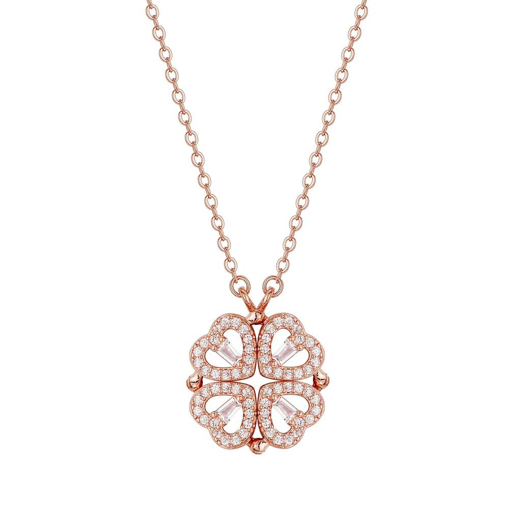 Fashionable women's four-leaf clover necklace with heart shape and full of diamonds; a versatile piece of jewelry that can be wo