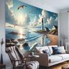 2D Coastal Seaside Backdrop, Lighthouse & Seagull Background for Summer Party Decor