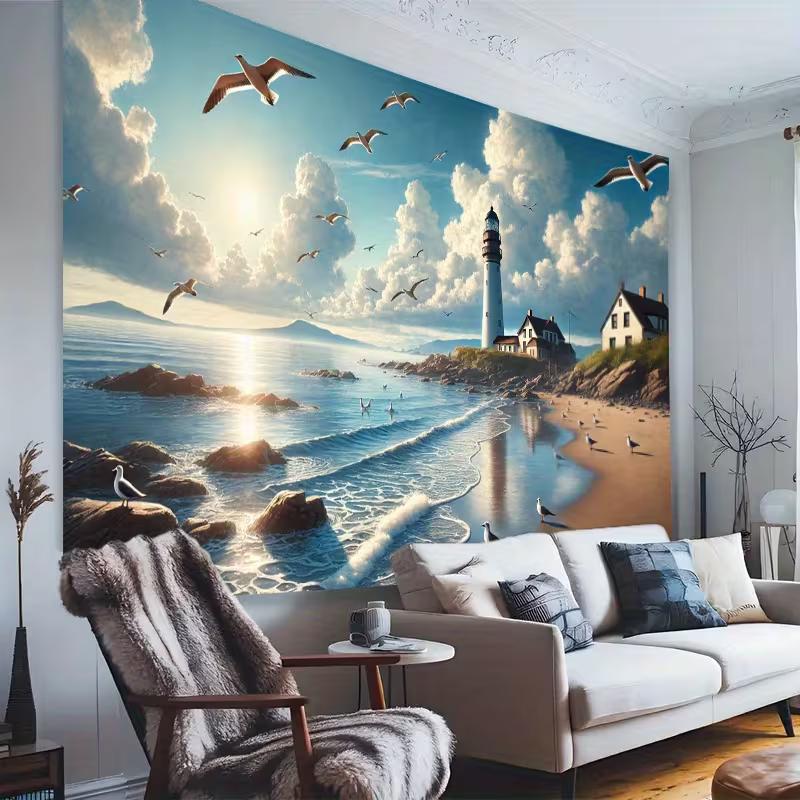 2D Coastal Seaside Backdrop, Lighthouse & Seagull Background for Summer Party Decor