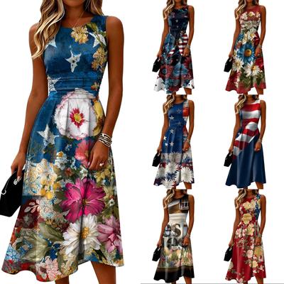 Sleeveless Casual Midi Dress for Women Round Neck A-Line Fit Floral Print Summer Dress Lightweight Comfortable Fabric