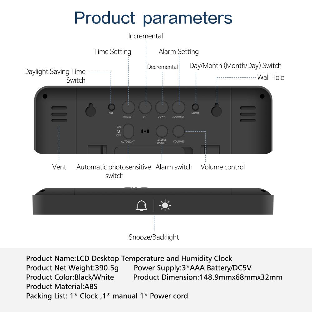 Battery Powered Digital Wall Clock TEMP Humidity Date Week 2 Alarm Night Vision 12/24H Auto Dimmable DST Snooze LCD Table Clock